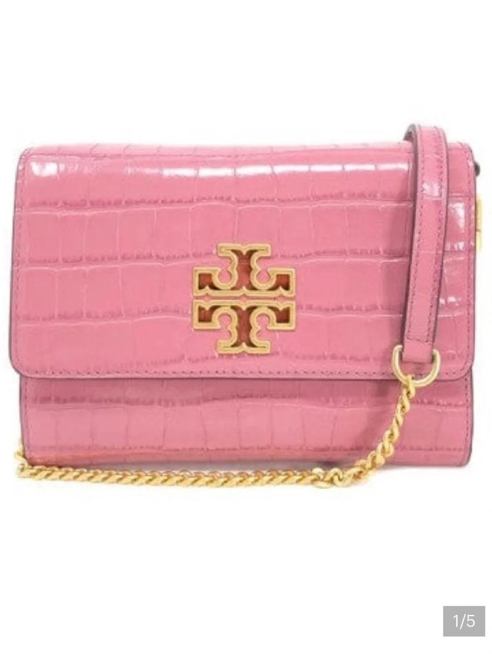 Tory Burch Pink Croc-Embossed Chain Shoulder Bag with Gold Logo